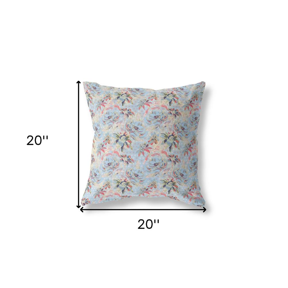 20” Light Blue Red Roses Indoor Outdoor Throw Pillow. Picture 4