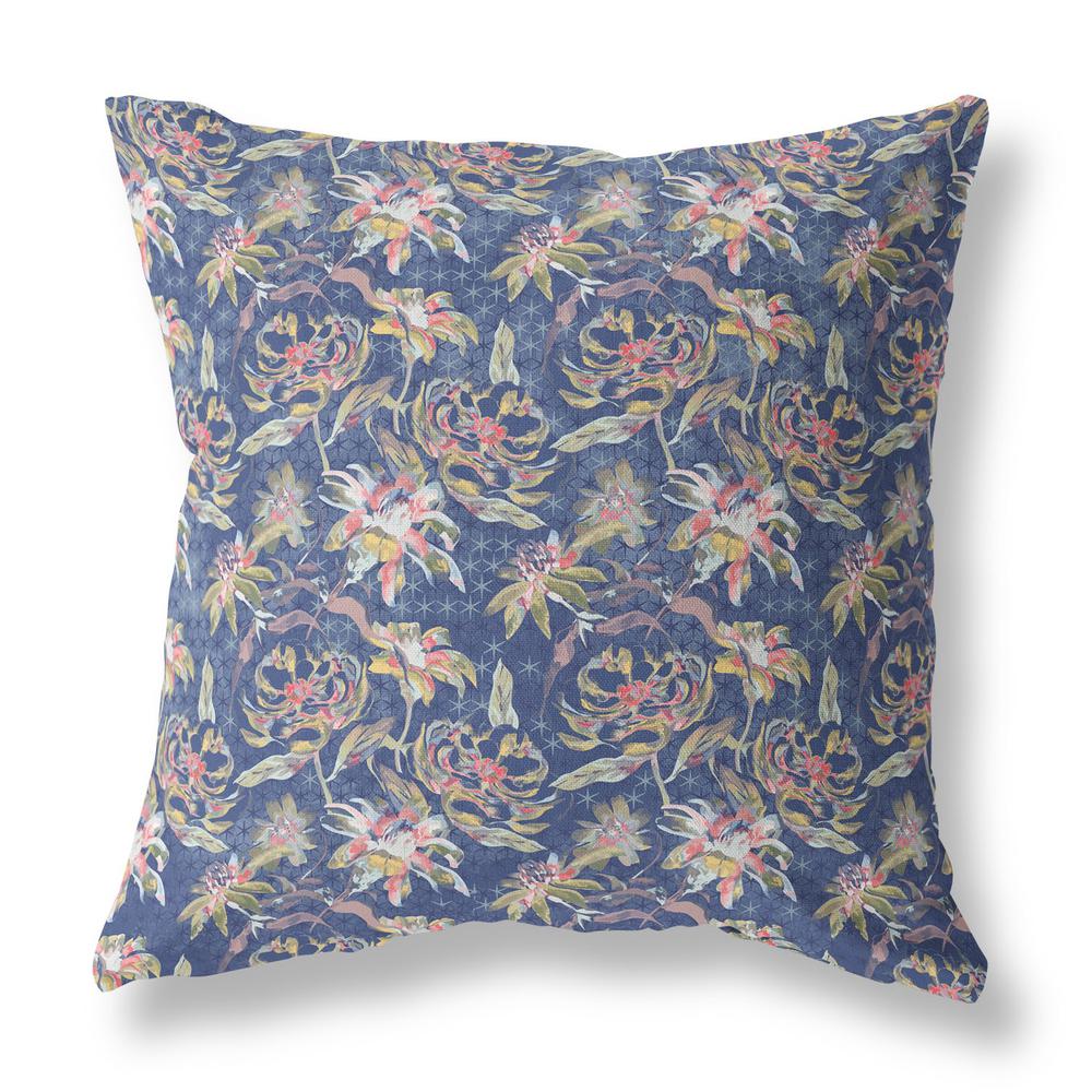 20” Blue Yellow Roses Indoor Outdoor Throw Pillow. Picture 1