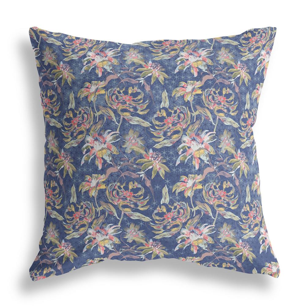 28” Blue Yellow Roses Indoor Outdoor Throw Pillow. Picture 2