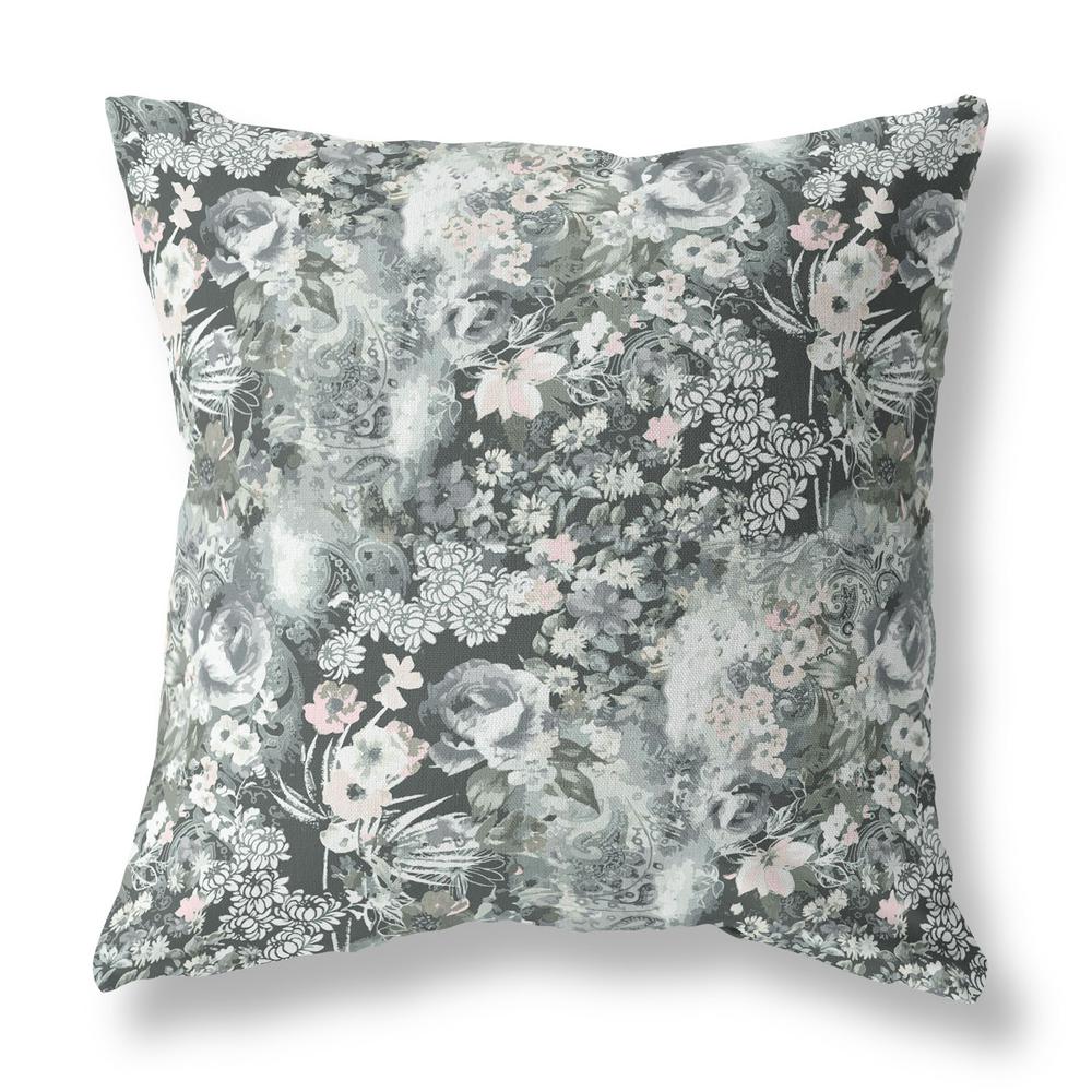 16" Gray White Springtime Indoor Outdoor Throw Pillow. Picture 1