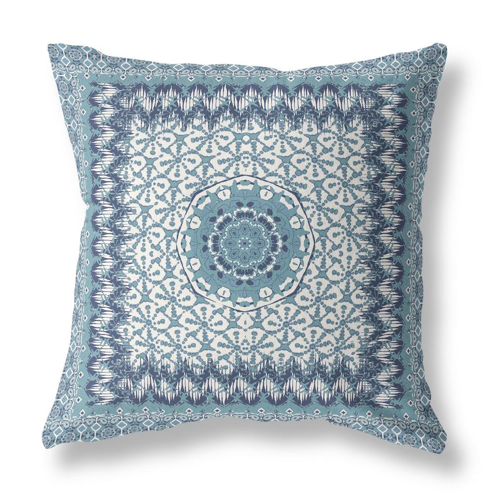 20” Blue White Holy Floral Indoor Outdoor Throw Pillow. Picture 1