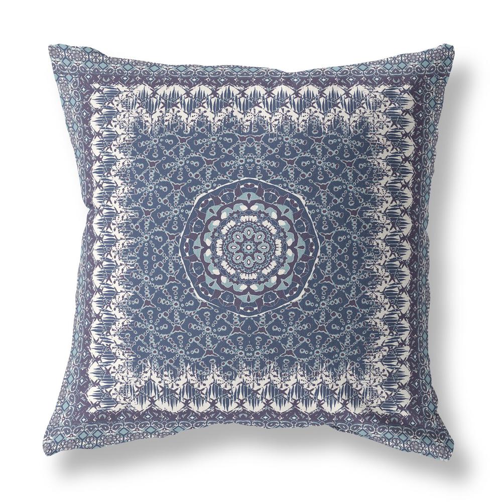 16” Indigo White Holy Floral Indoor Outdoor Throw Pillow. Picture 1
