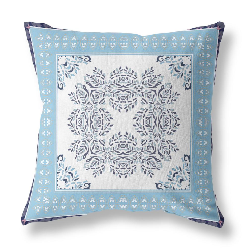 16" X 16" White And Indigo Blown Seam Floral Indoor Outdoor Throw Pillow. Picture 2
