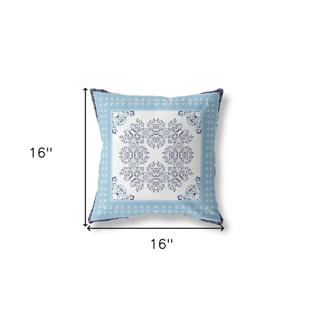 16" X 16" White And Indigo Blown Seam Floral Indoor Outdoor Throw Pillow. Picture 5