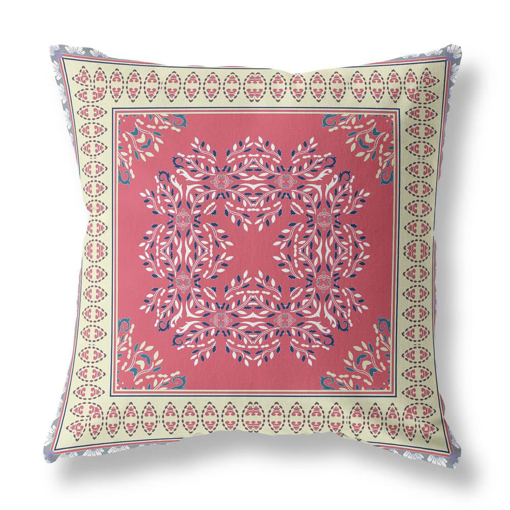 16" X 16" Red And Cream Blown Seam Floral Indoor Outdoor Throw Pillow. Picture 1