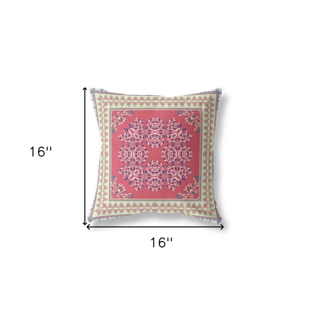 16" X 16" Red And Cream Blown Seam Floral Indoor Outdoor Throw Pillow. Picture 5