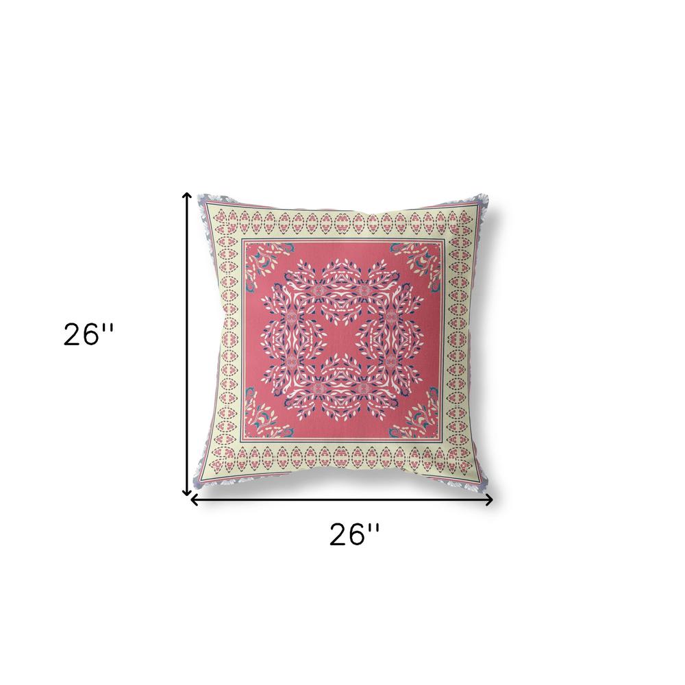 26" X 26" Red And Cream Blown Seam Floral Indoor Outdoor Throw Pillow. Picture 5