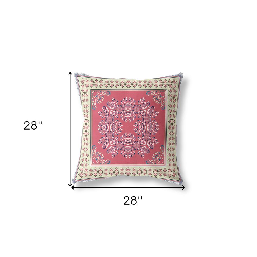 28" X 28" Red And Cream Blown Seam Floral Indoor Outdoor Throw Pillow. Picture 5