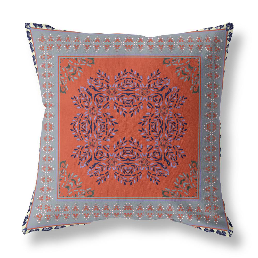 16" X 16" Orange And Gray Blown Seam Floral Indoor Outdoor Throw Pillow. Picture 2