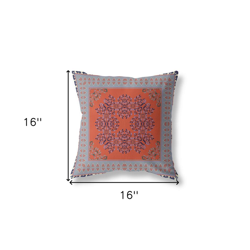 16" X 16" Orange And Gray Blown Seam Floral Indoor Outdoor Throw Pillow. Picture 5
