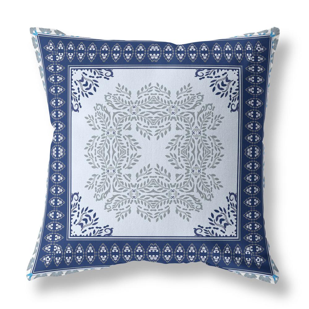 20"x20" Light Blue Navy Blue Blown Seam Broadcloth Floral Throw Pillow. Picture 1