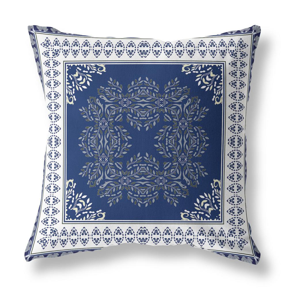 16" X 16" Indigo And White Blown Seam Floral Indoor Outdoor Throw Pillow. Picture 2