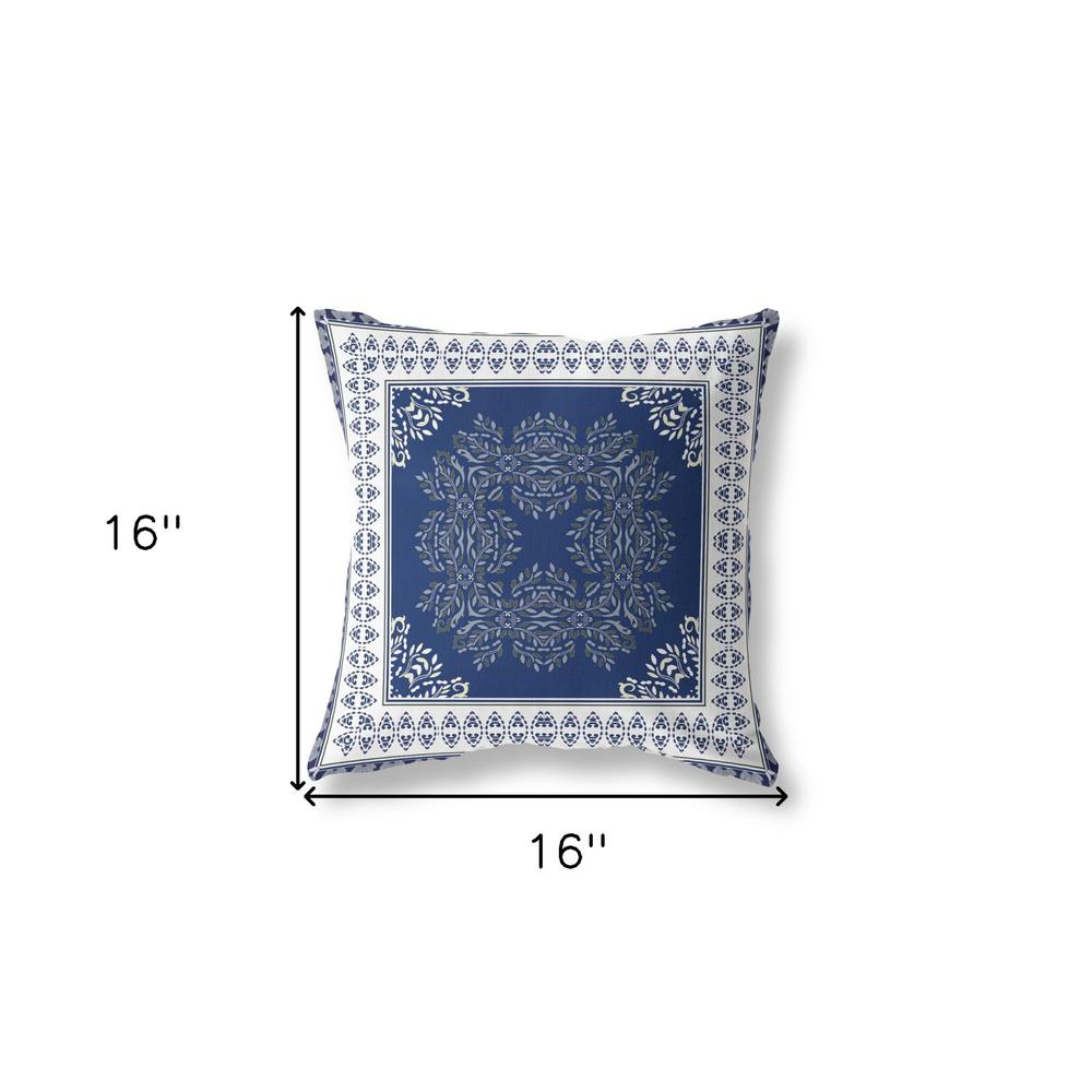 16" X 16" Indigo And White Blown Seam Floral Indoor Outdoor Throw Pillow. Picture 6