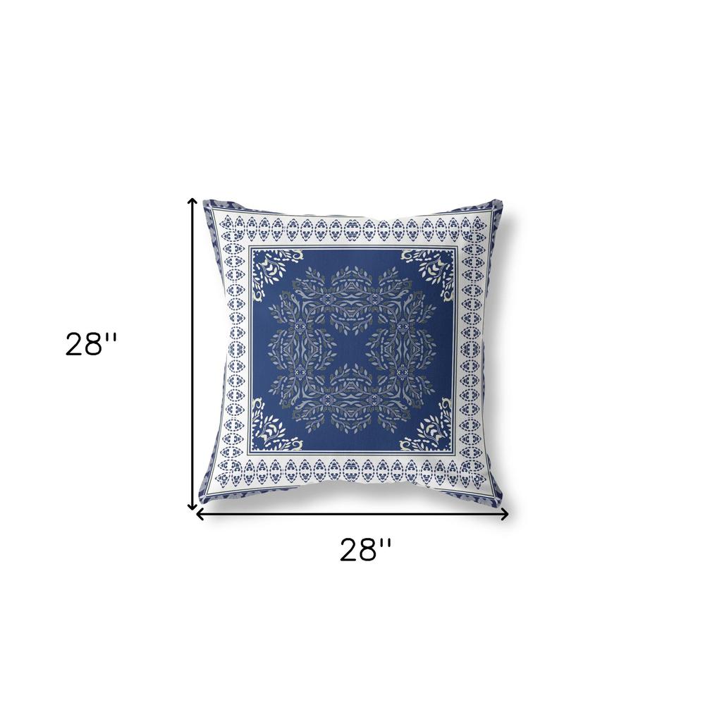 28" X 28" Indigo And White Blown Seam Floral Indoor Outdoor Throw Pillow. Picture 5