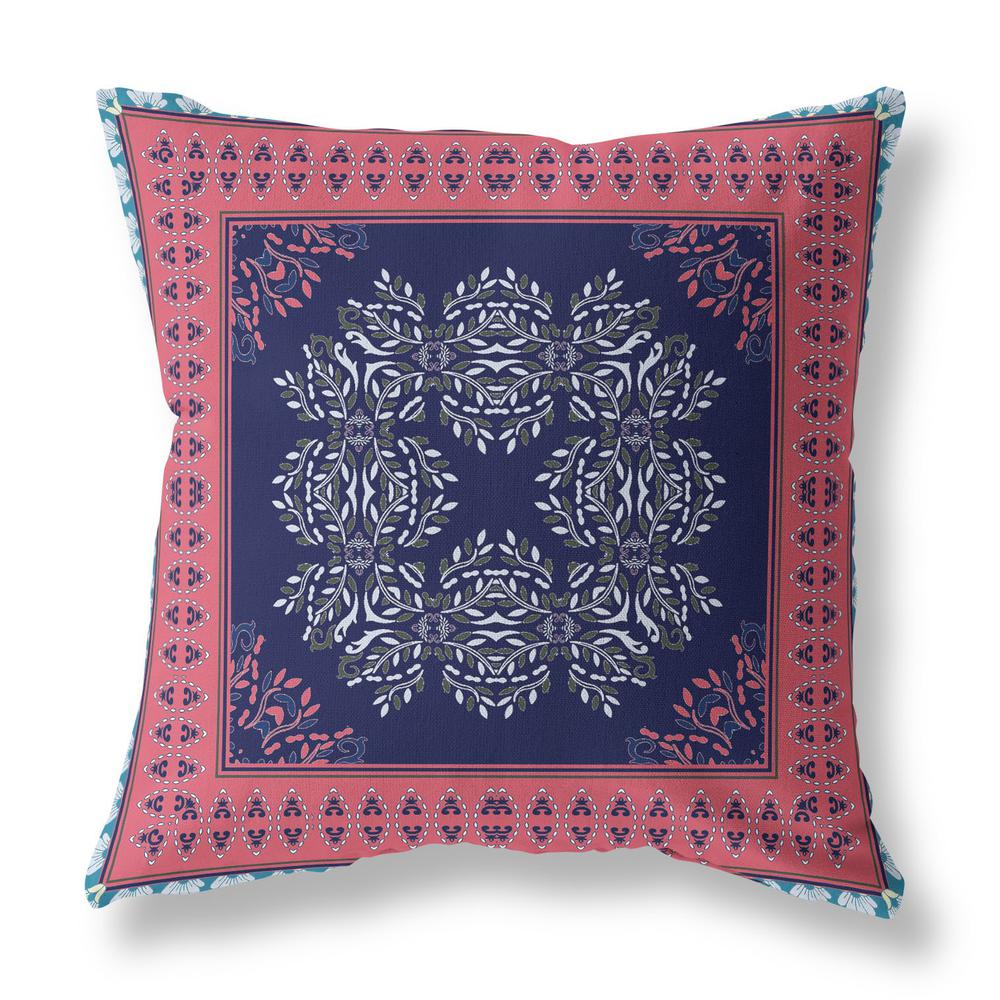 20" X 20" Indigo And Pink Blown Seam Damask Indoor Outdoor Throw Pillow. Picture 2