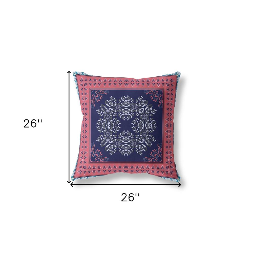 26" X 26" Indigo And Pink Blown Seam Damask Indoor Outdoor Throw Pillow. Picture 6