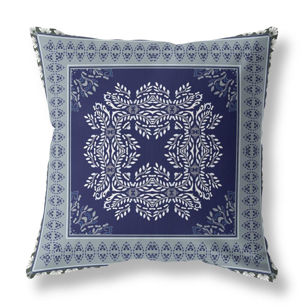 18" X 18" Indigo And Green Blown Seam Damask Indoor Outdoor Throw Pillow. Picture 2