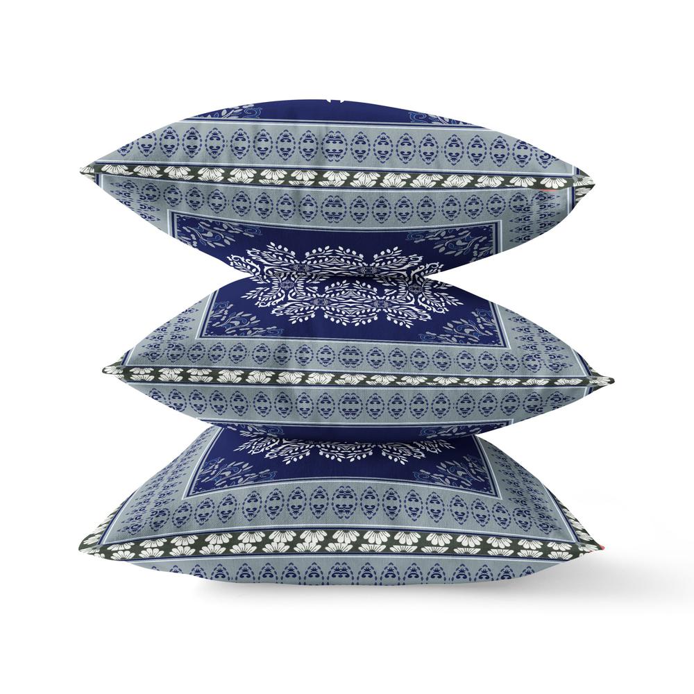 18" X 18" Indigo And Green Blown Seam Damask Indoor Outdoor Throw Pillow. Picture 1