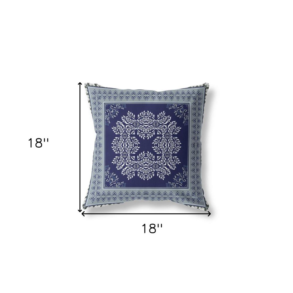 18" X 18" Indigo And Green Blown Seam Damask Indoor Outdoor Throw Pillow. Picture 6