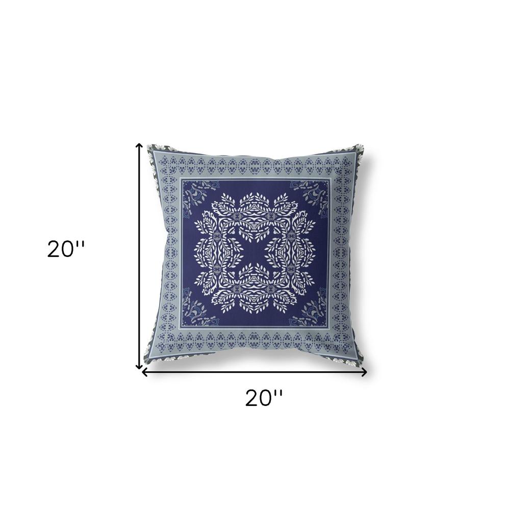 20" X 20" Indigo And Green Blown Seam Damask Indoor Outdoor Throw Pillow. Picture 6