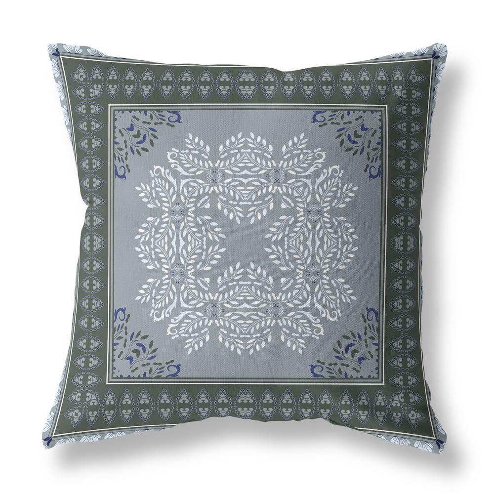 16" X 16" Grey And Green Blown Seam Damask Indoor Outdoor Throw Pillow. Picture 2