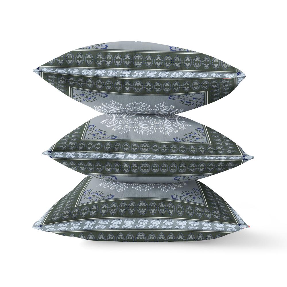 16" X 16" Grey And Green Blown Seam Damask Indoor Outdoor Throw Pillow. Picture 1