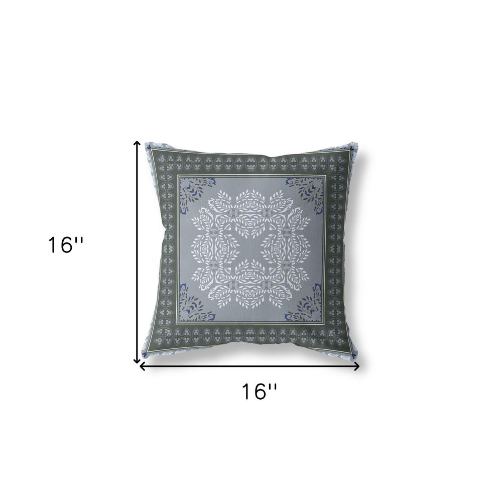 16" X 16" Grey And Green Blown Seam Damask Indoor Outdoor Throw Pillow. Picture 6