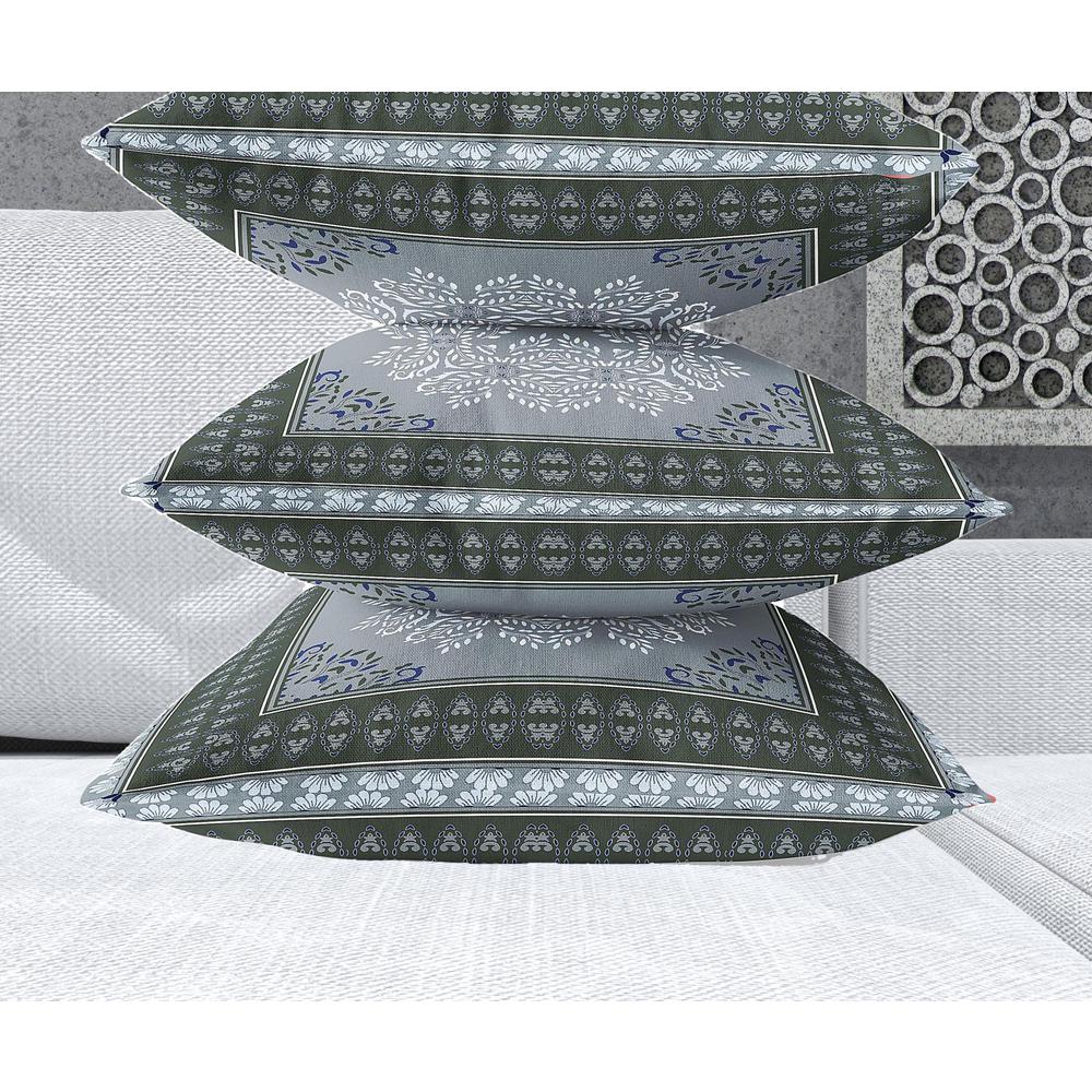 28" X 28" Grey And Green Blown Seam Damask Indoor Outdoor Throw Pillow. Picture 3