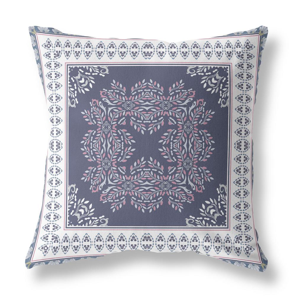 16" X 16" Dark Blue And White Blown Seam Damask Indoor Outdoor Throw Pillow. Picture 2