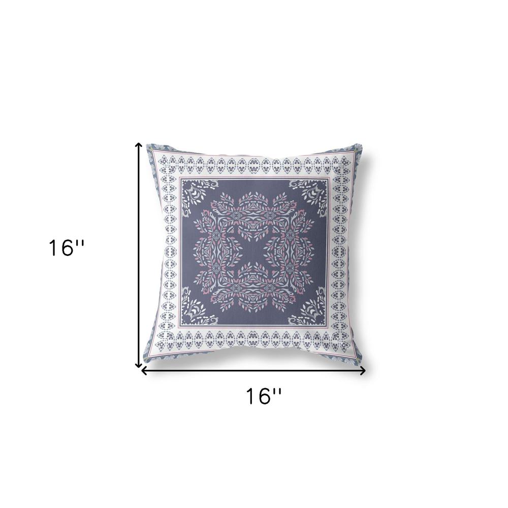 16" X 16" Dark Blue And White Blown Seam Damask Indoor Outdoor Throw Pillow. Picture 6