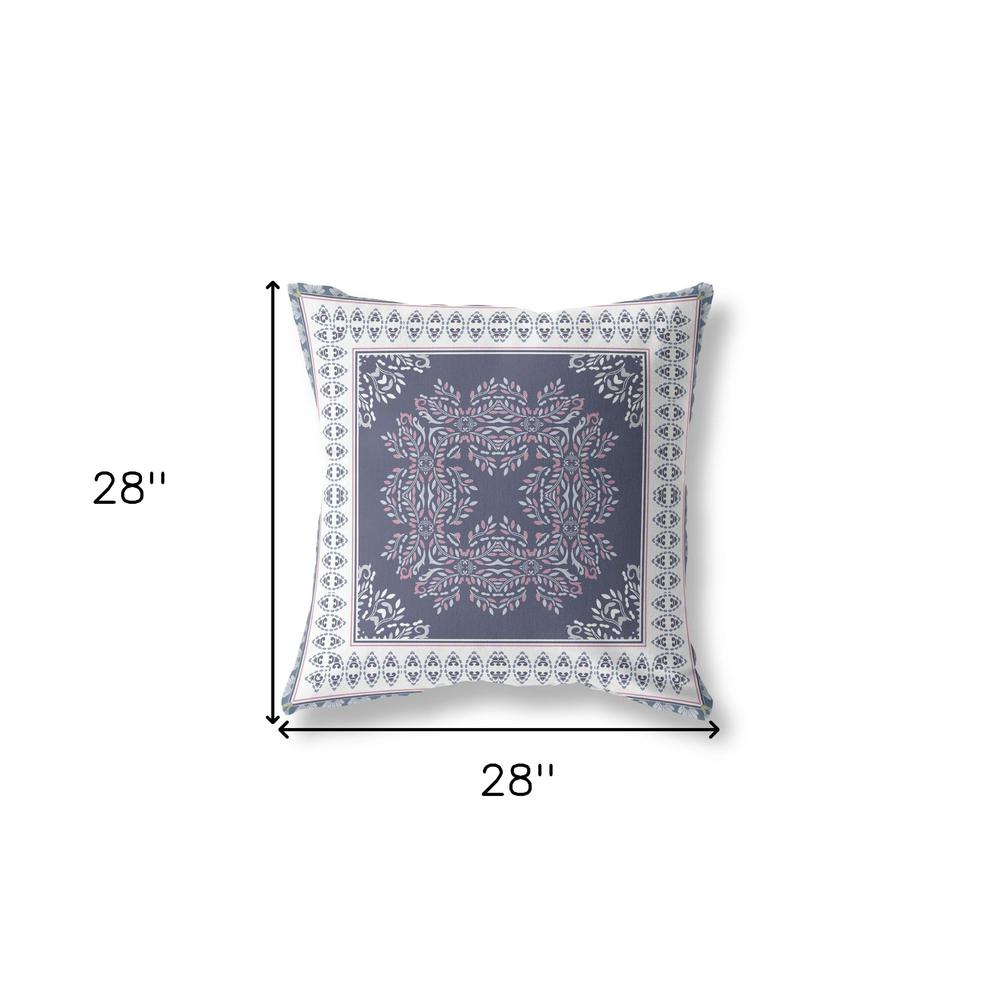 28" X 28" Dark Blue And White Blown Seam Damask Indoor Outdoor Throw Pillow. Picture 6