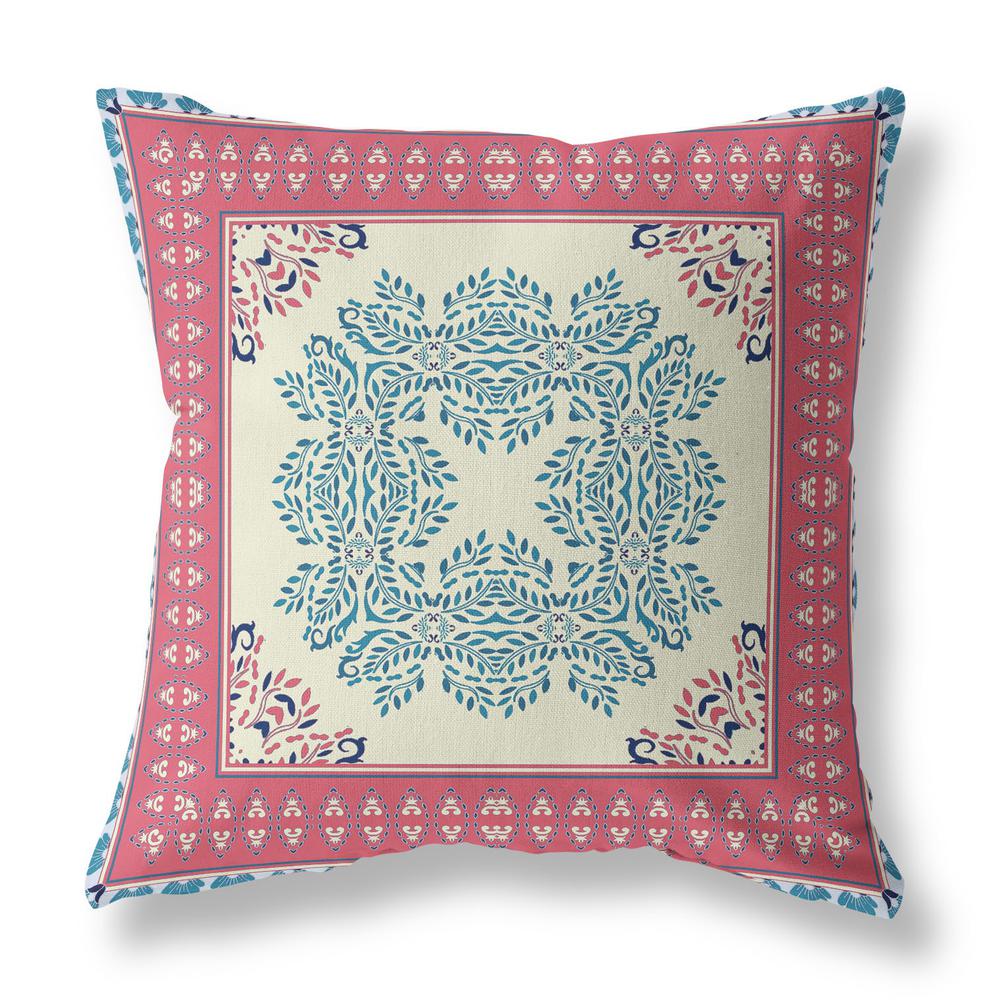 18" X 18" Cream And Blue Blown Seam Damask Indoor Outdoor Throw Pillow. Picture 2