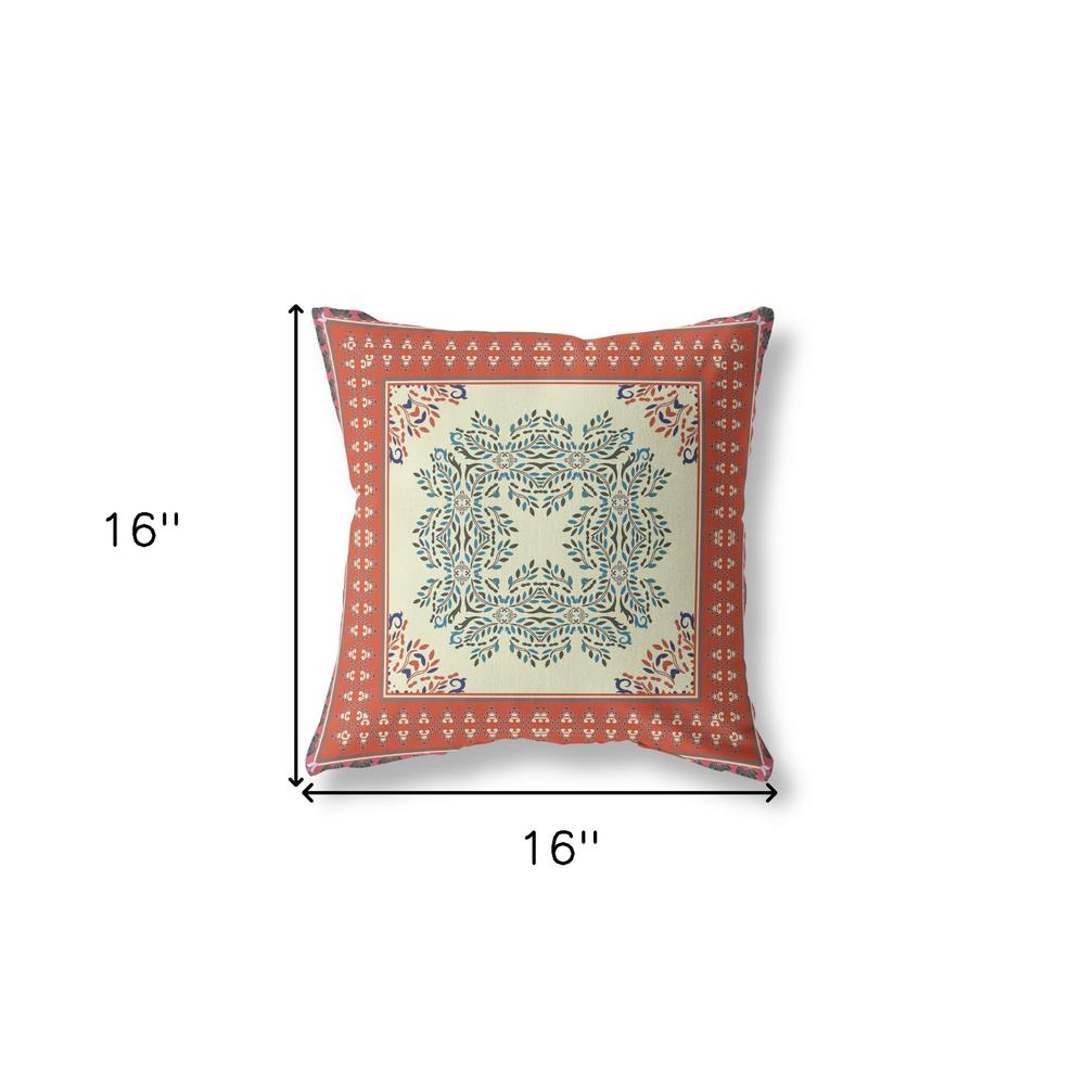 16" X 16" Cream And Orange Blown Seam Floral Indoor Outdoor Throw Pillow. Picture 5