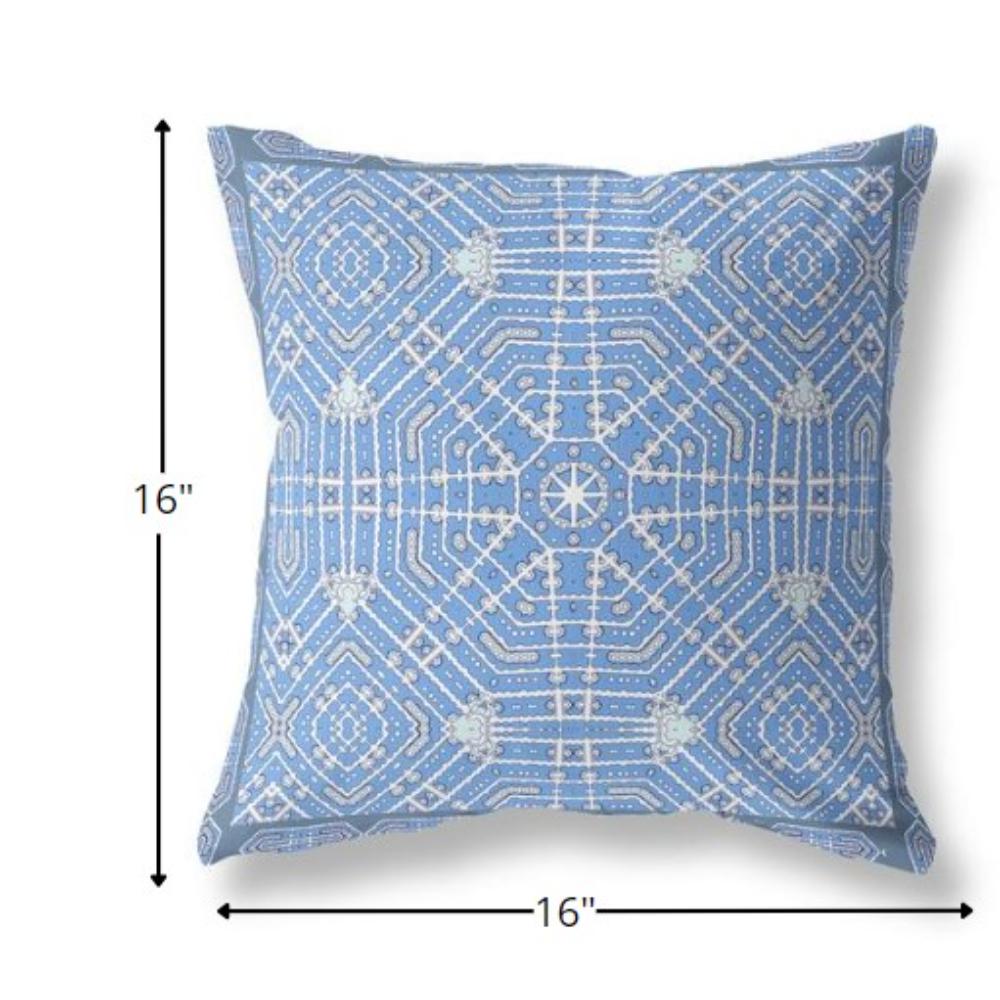 16” Blue White Geostar Indoor Outdoor Throw Pillow. Picture 4