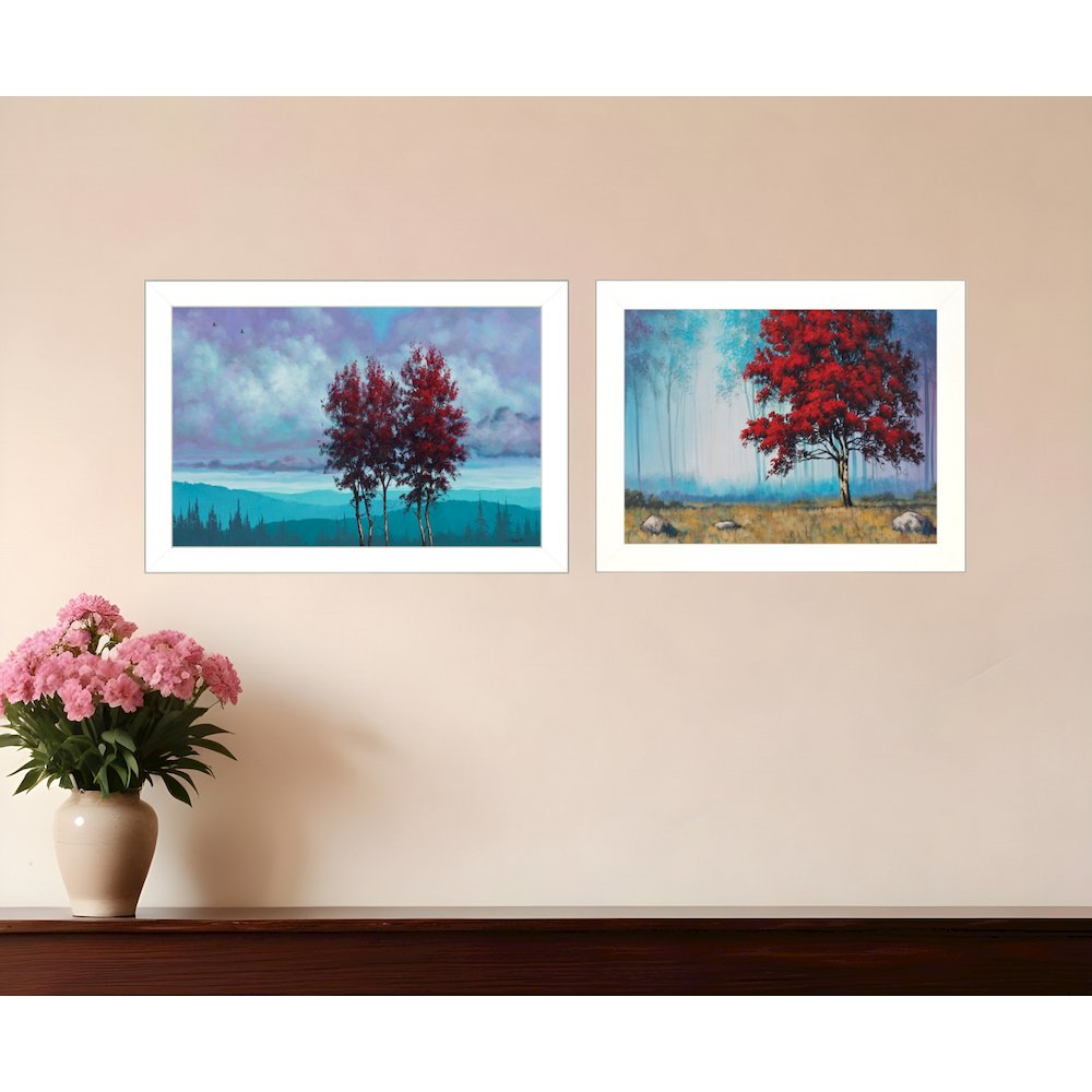 Set Of Two Red Trees 1 White Framed Print Wall Art. Picture 1