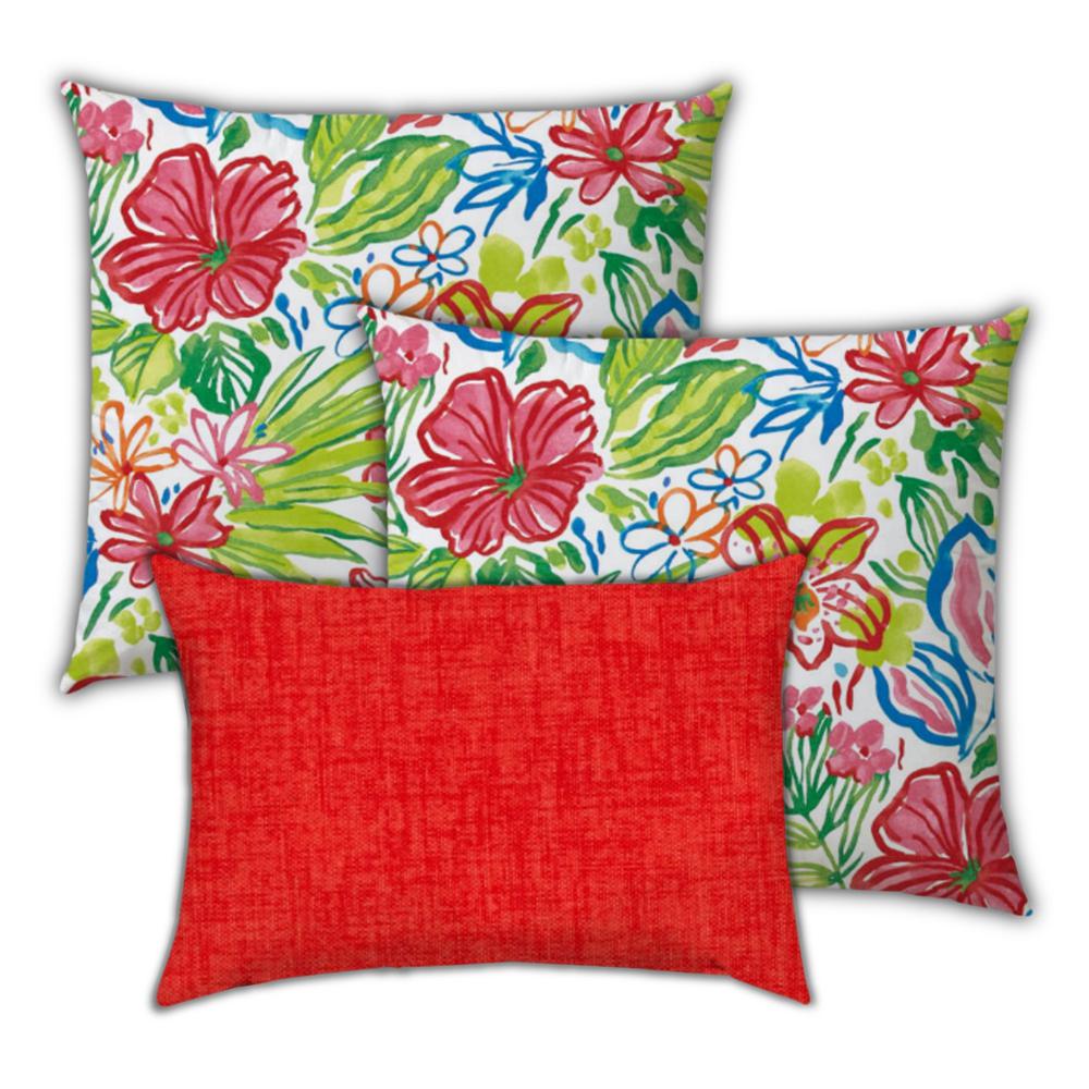 Set Of Three 18" X 18" Red, White Blown Seam Floral Throw Indoor Outdoor Pillow. Picture 3
