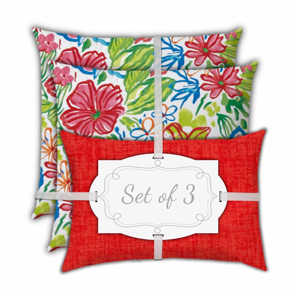 Set Of Three 18" X 18" Red, White Blown Seam Floral Throw Indoor Outdoor Pillow. Picture 1