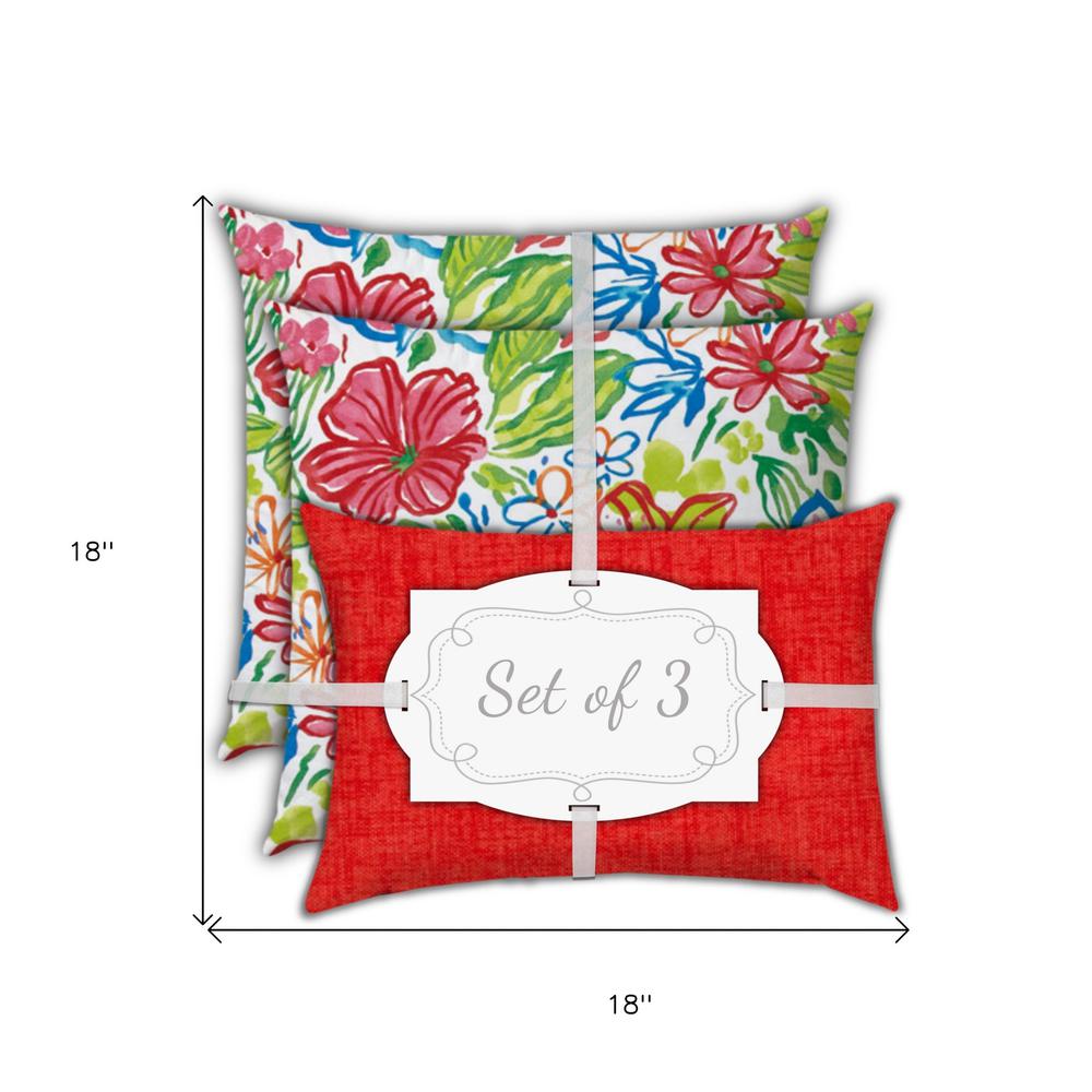 Set Of Three 18" X 18" Red, White Blown Seam Floral Throw Indoor Outdoor Pillow. Picture 7