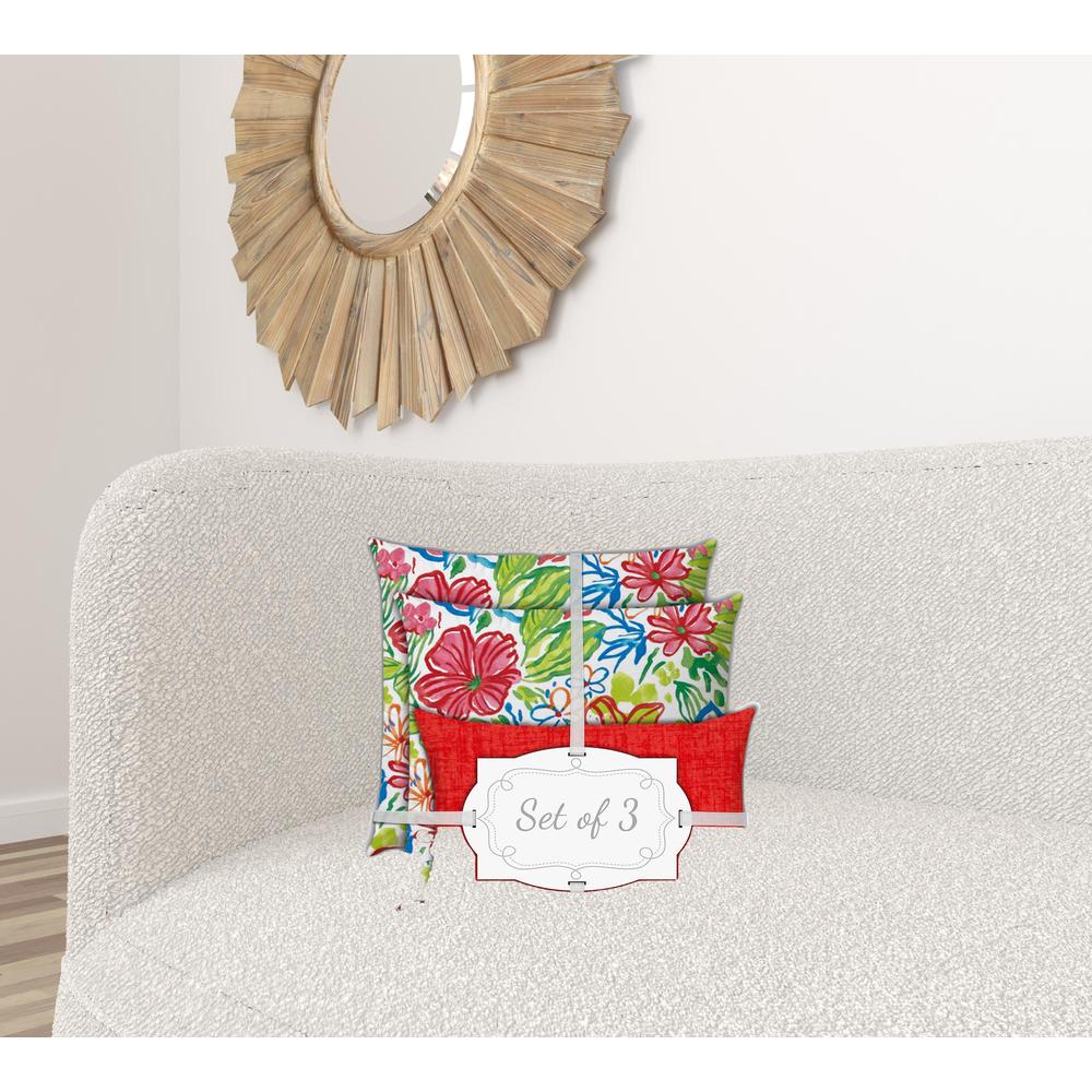 Set Of Three 18" X 18" Red, White Blown Seam Floral Throw Indoor Outdoor Pillow. Picture 2
