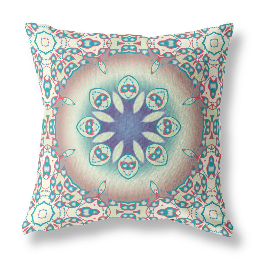 16" X 16" Beige And Blue Zippered Geometric Indoor Outdoor Throw Pillow. Picture 1