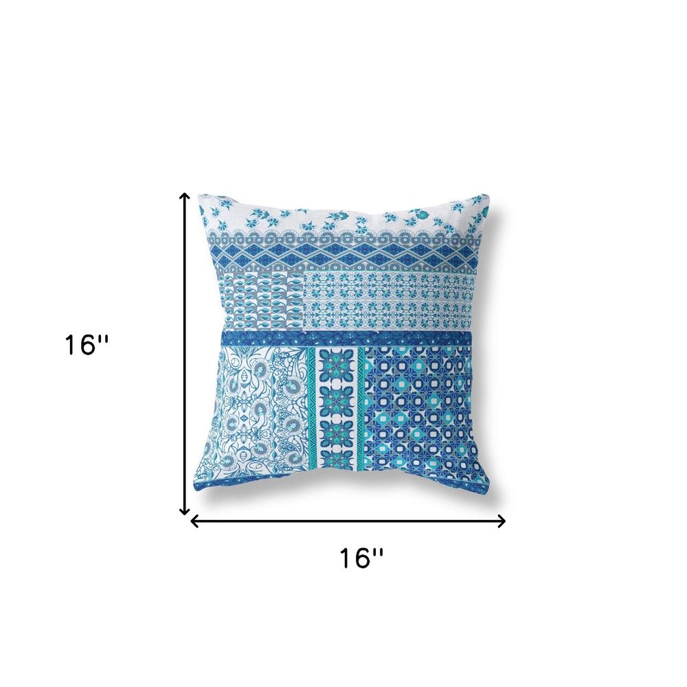 Blue, White Zippered Patchwork Indoor Outdoor Throw Pillow Cover & Insert. Picture 7
