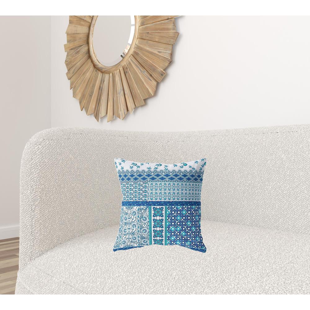 Blue, White Zippered Patchwork Indoor Outdoor Throw Pillow Cover & Insert. Picture 4