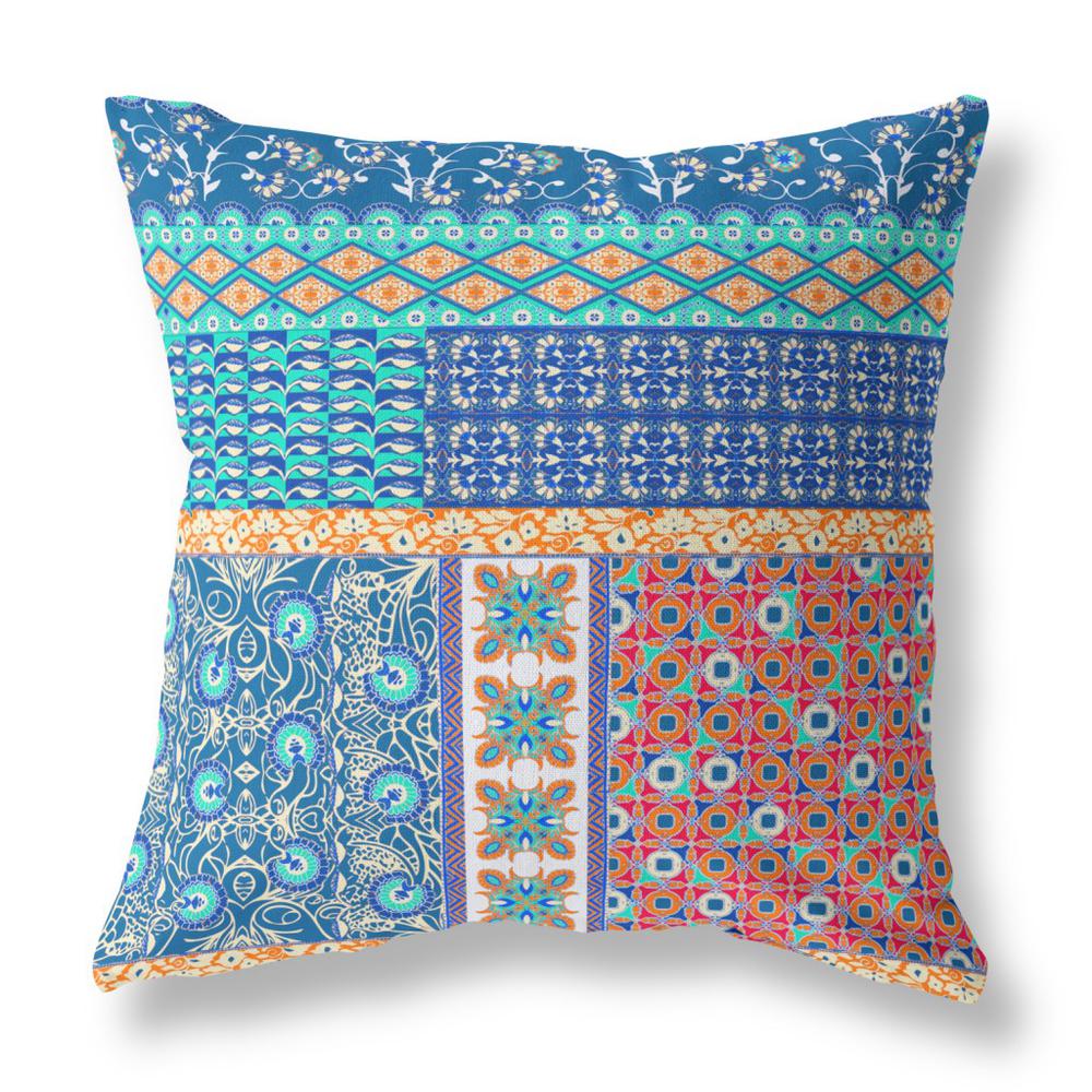 Blue, Orange Zippered Patchwork Indoor Outdoor Throw Pillow Cover & Insert. Picture 2