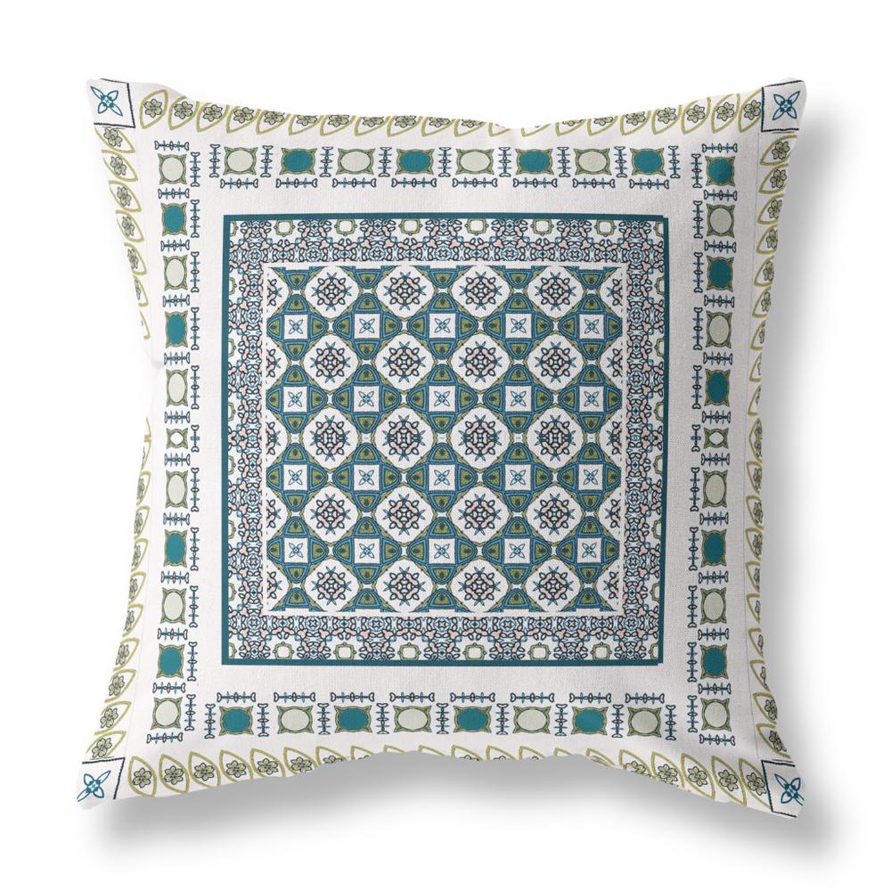 18" X 18" White And Green Zippered Floral Indoor Outdoor Throw Pillow. Picture 1