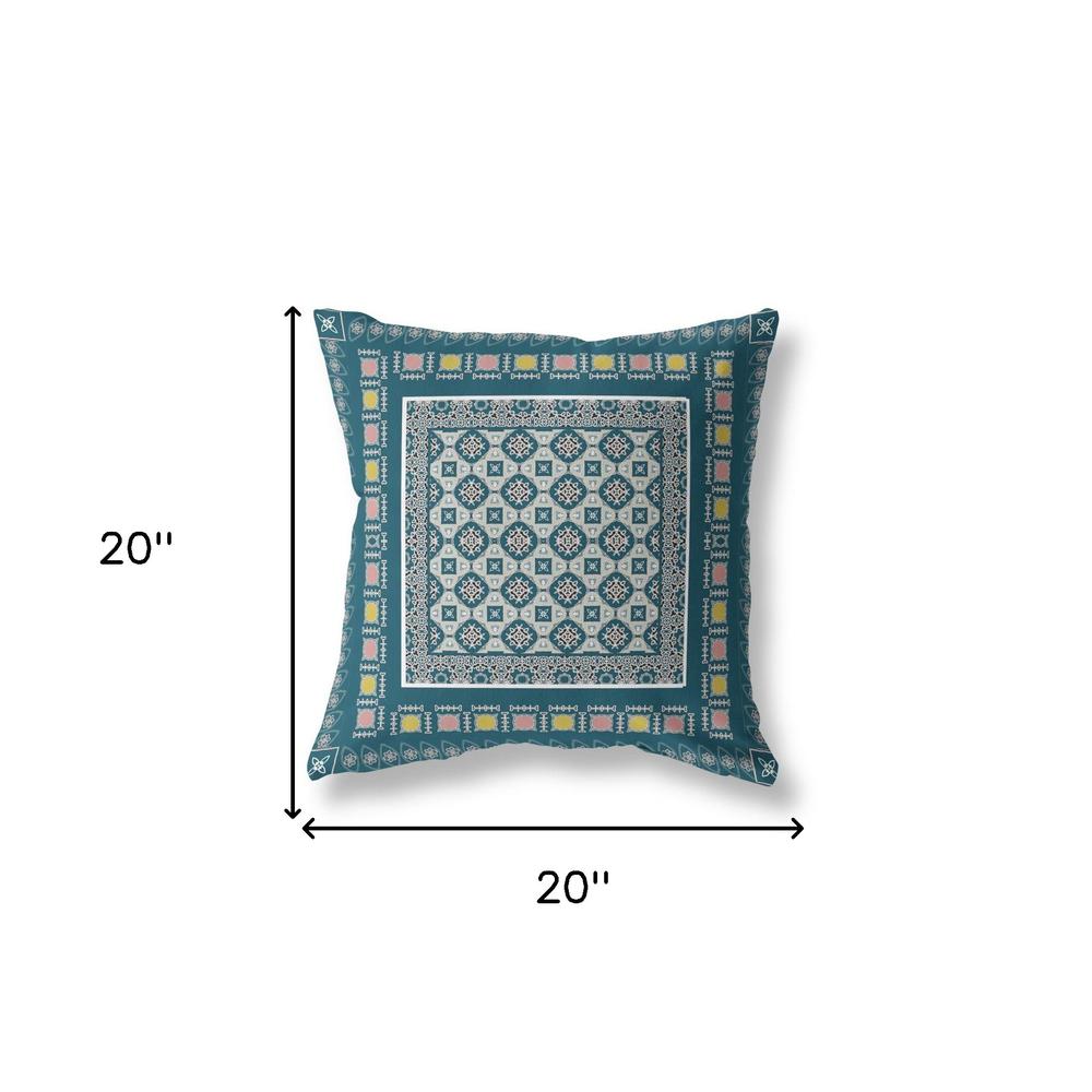 20"x20" Blue And Beige Zippered Suede Floral Throw Pillow. Picture 6