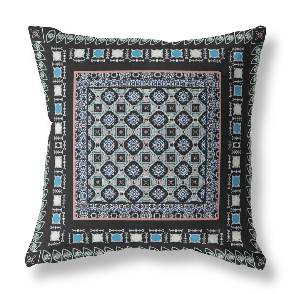 18" X 18" Black And Blue Zippered Floral Indoor Outdoor Throw Pillow. Picture 1