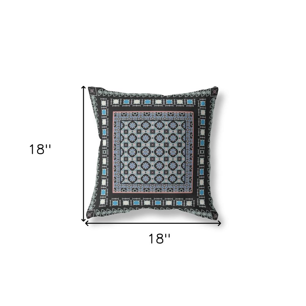 18" X 18" Black And Blue Zippered Floral Indoor Outdoor Throw Pillow. Picture 5