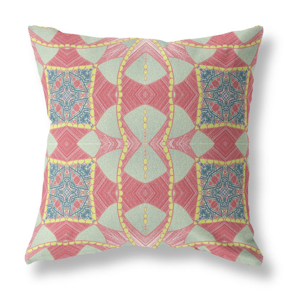16"x16" Coral Aqua And Green Zippered Broadcloth Geometric Throw Pillow. Picture 1