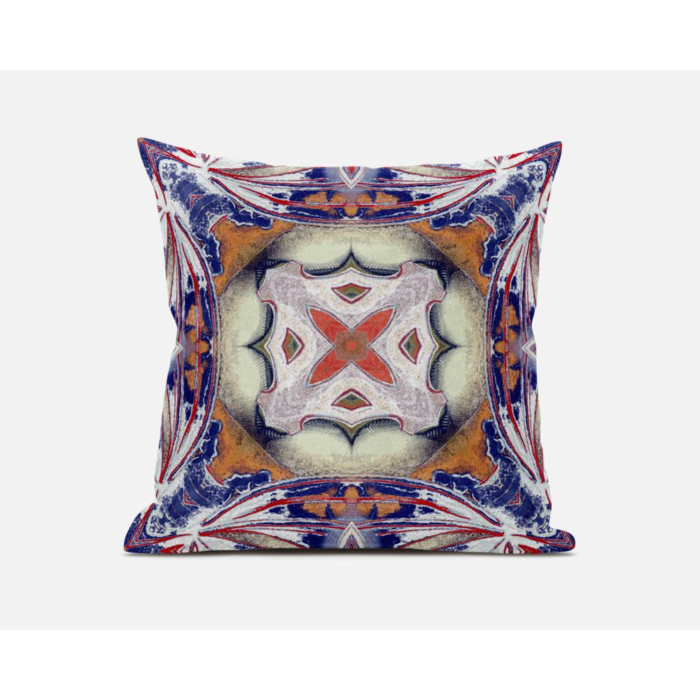 18"x18" Blue Orange Muted Yellow White Zippered Suede Geometric Throw Pillow. Picture 1