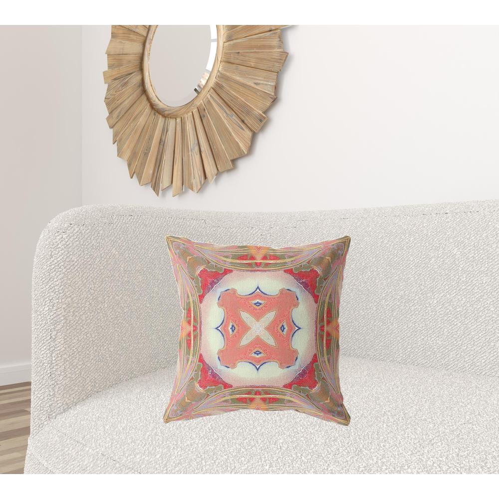 20"x20" Muted Green Pink Peach Red Zippered Suede Geometric Throw Pillow. Picture 3